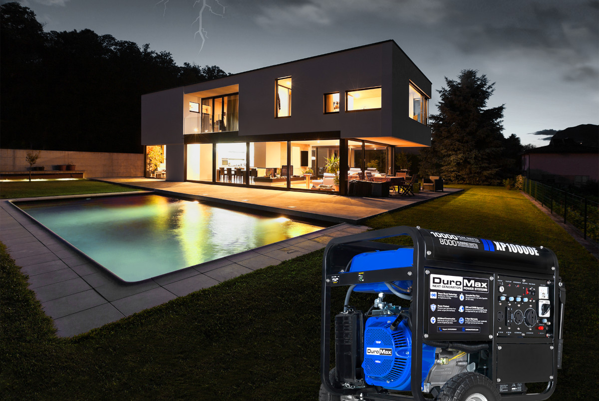 A DuroMax Generator Near a House with a Pool