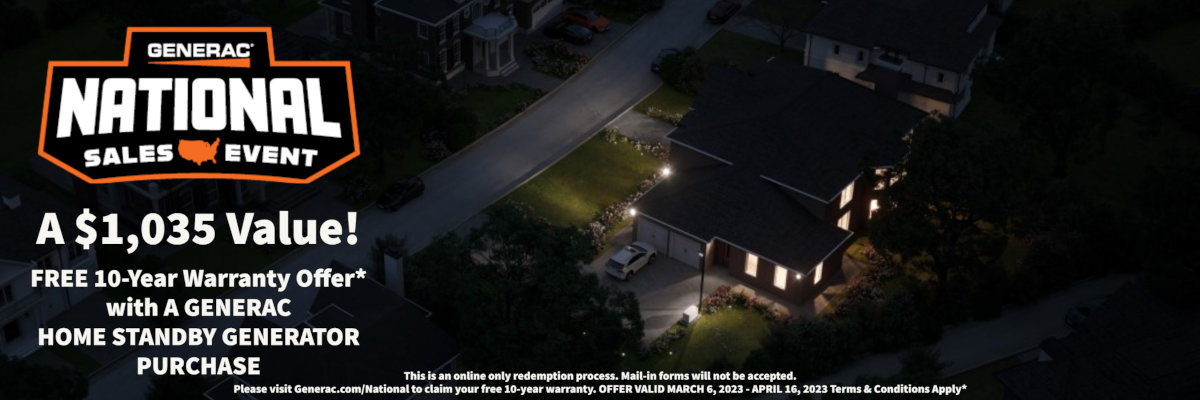 Home with a Generac standby generator has lights in a dark neighborhood during a power outage.