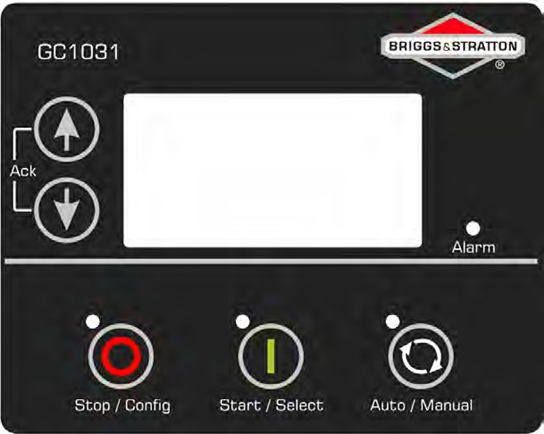 Image of the front panel of a GC1031 Genset Controller by Briggs & Stratton. The panel is black with the model number 'GC1031' at the top. It features a large rectangular display screen, below which are three buttons: a red 'Stop/Config' button, a green 'Start/Select' button, and a grey 'Auto/Manual' button with corresponding symbols. Above the screen, there are two arrow buttons labeled 'Ack' for acknowledge, pointing up and down, and a small 'Alarm' indicator to the right.