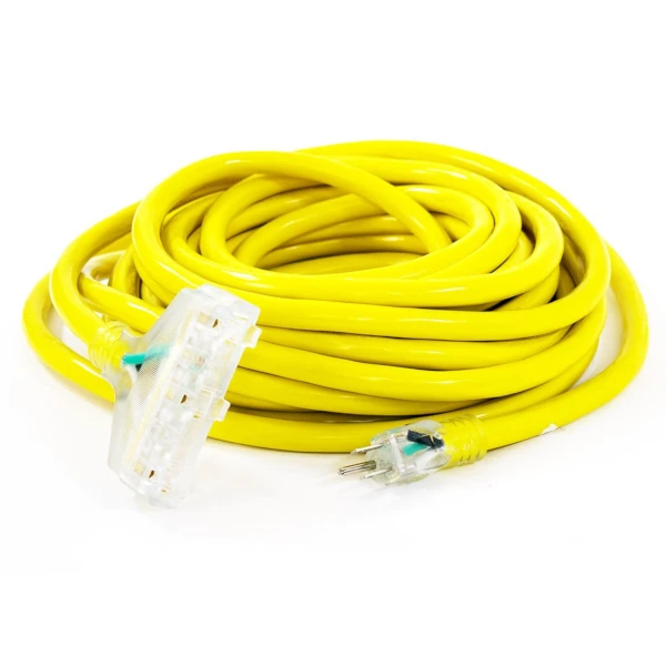 A Yellow generator extension cord with regular household plug and triple outlet on the other end,