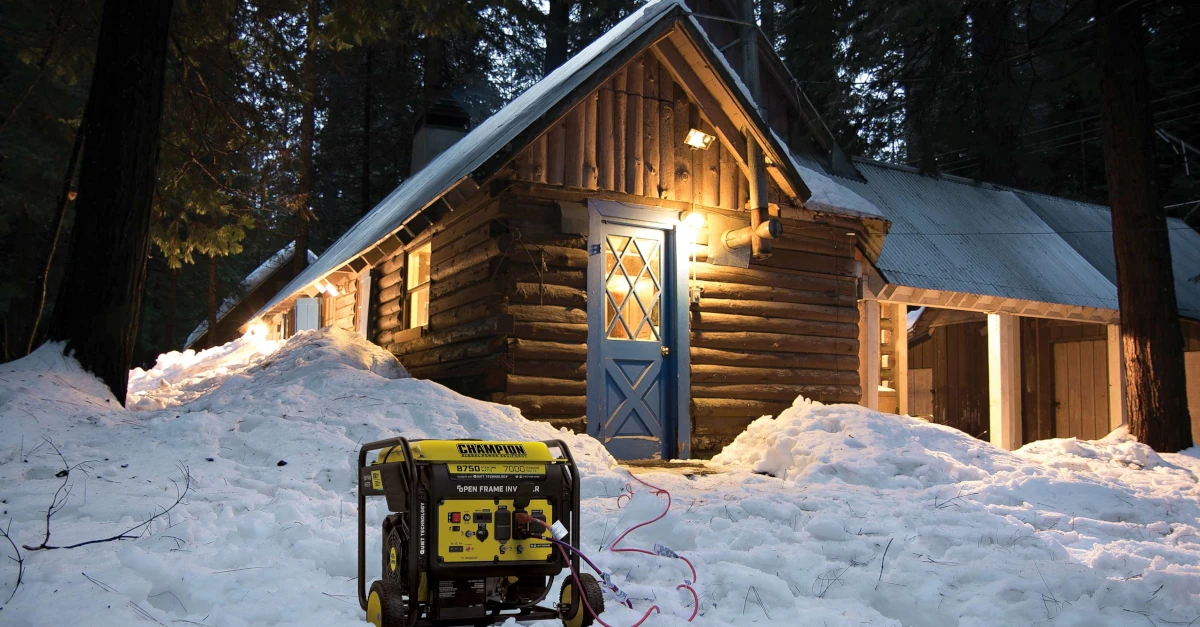 A remote log cabin surrounded by piles of snow has power from an inverter generator